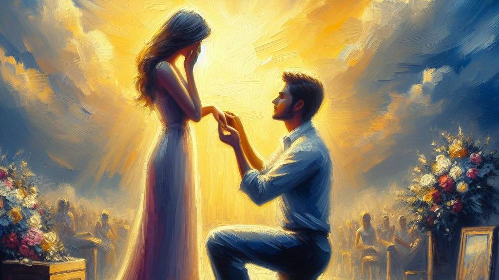 A heartfelt oil painting of a proposal scene, where one person is down on one knee, offering a ring to their partner, symbolizing a lifelong promise of love and unity.
