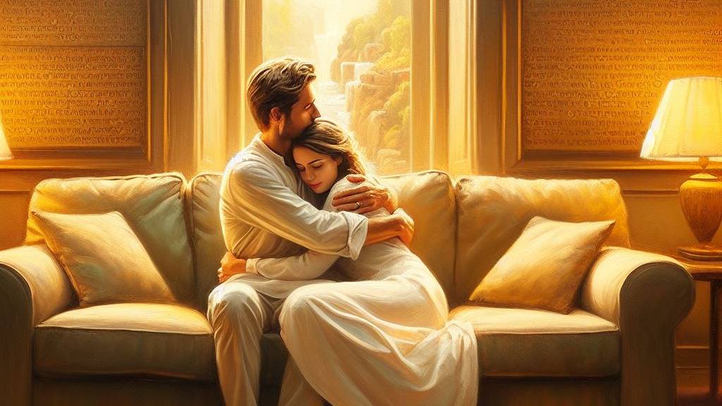 A heartfelt oil painting of a husband and wife hugging on a living room couch, radiating love and happiness.