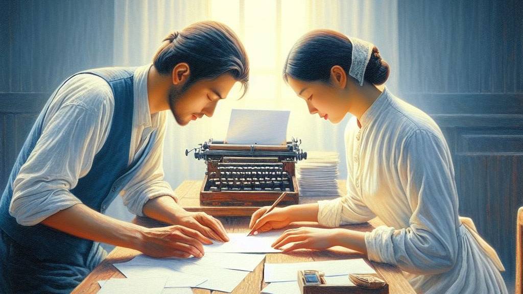 A heartfelt oil painting of a couple collaborating at a desk, symbolizing unity, partnership, and the strength of their connection under Jesus Christ.