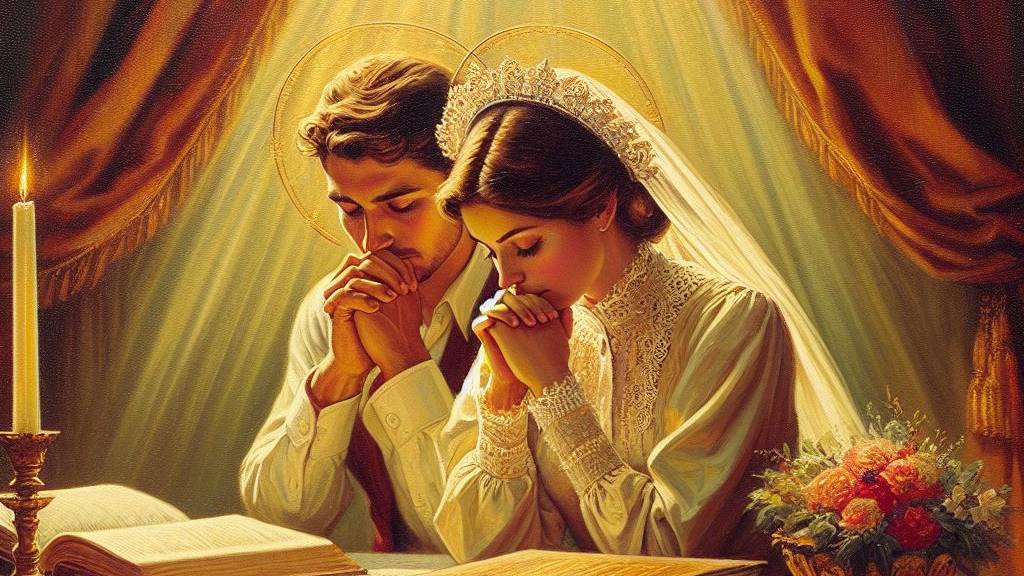 An intimate oil painting of an engaged couple in prayer at a desk, symbolizing their devotion and the spiritual foundation of their upcoming union.