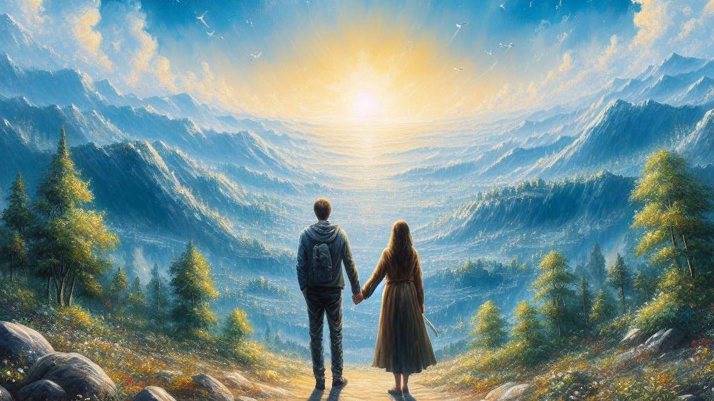 An evocative oil painting of a couple hand in hand, gazing towards the bright horizon, embodying the unity and strength of building a life together.