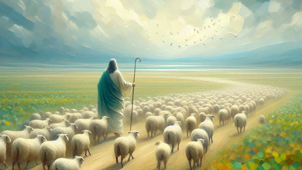 An oil painting style image depicting God's inherent goodness, showing His kindness, justice, and mercy, with a shepherd guiding his sheep across an entire field, embodying the concept of 'the Lord is my shepherd'