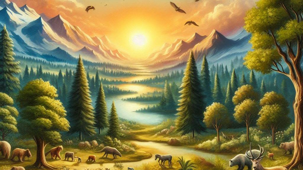 An oil painting style image depicting God's goodness in creation, with trees, sky, animals, mountains, and a sunrise, showcasing the beauty and care of nature.