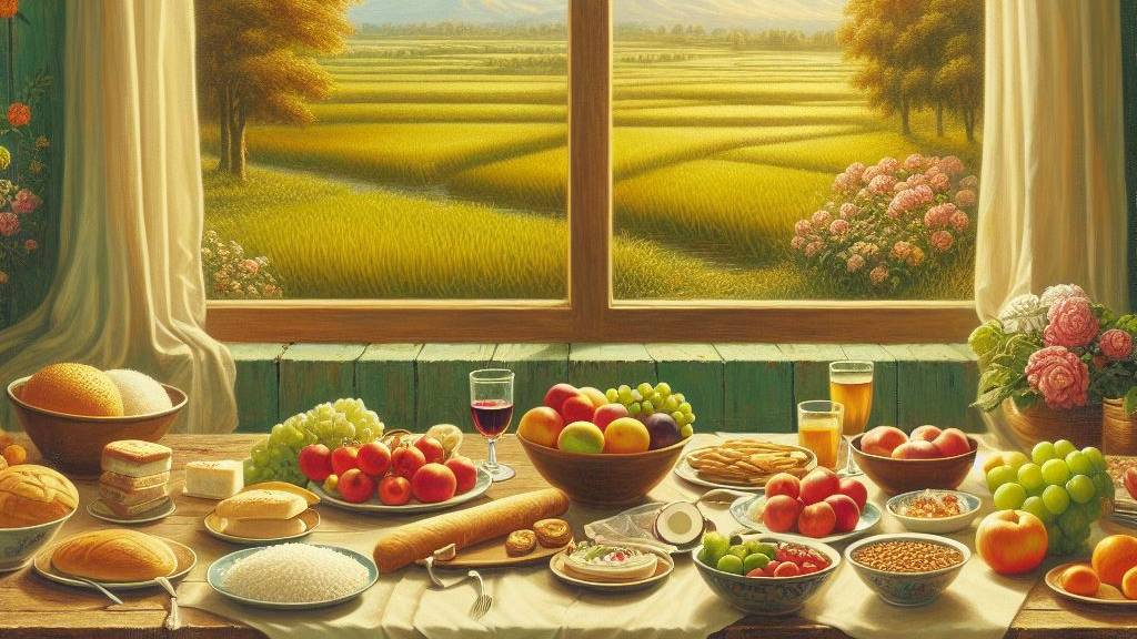 An oil painting style image depicting God's goodness in sustenance, with a table full of various foods and drinks, and a window showing a view of a beautiful rice field outside.