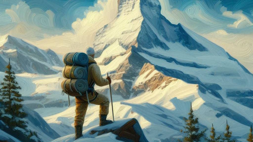 An oil painting of a lone mountaineer looking at a majestic view of a snowy mountain, symbolizing strength in trials.