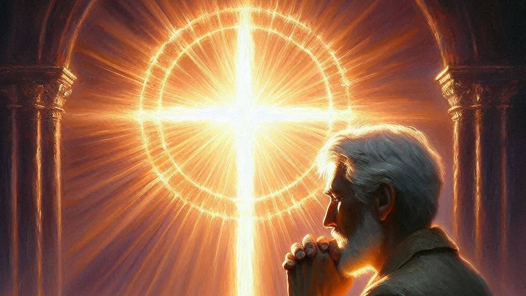 An oil painting of an old man praying in front of a glowing cross, symbolizing trust in God.