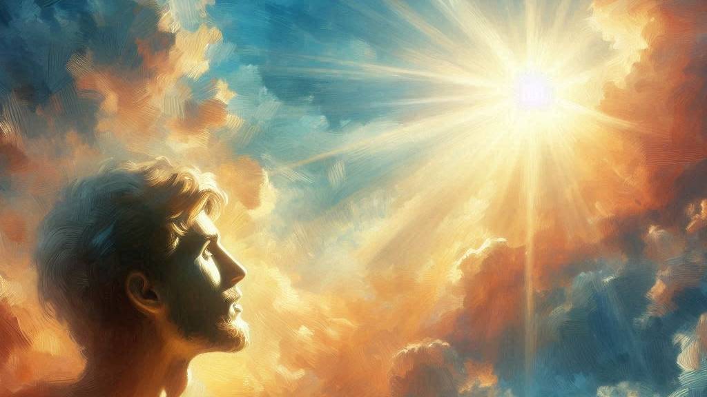 An oil painting of a man full of hope looking up at the bright star in the sky, showing hope and renewal.