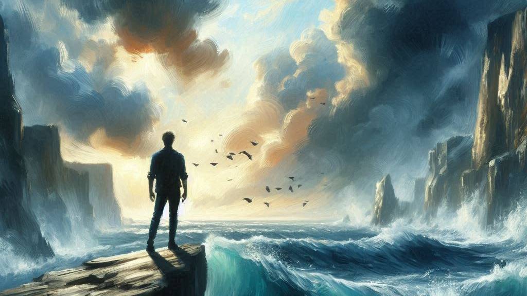 An oil painting of a man standing bravely at the edge of the cliff, looking out at the stormy seas, symbolizing courage and boldness.