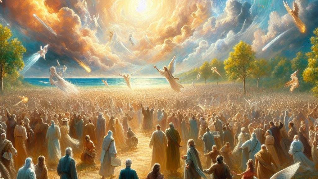 An oil painting illustrating the ‘End Times Outpouring’ with a divine presence reaching out to diverse individuals, symbolizing the universal reception of God’s Spirit.