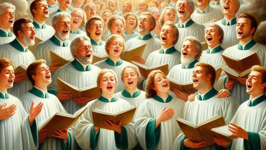 An oil painting of a joyful choir in the midst of worship, expressing their sincere devotion through song.