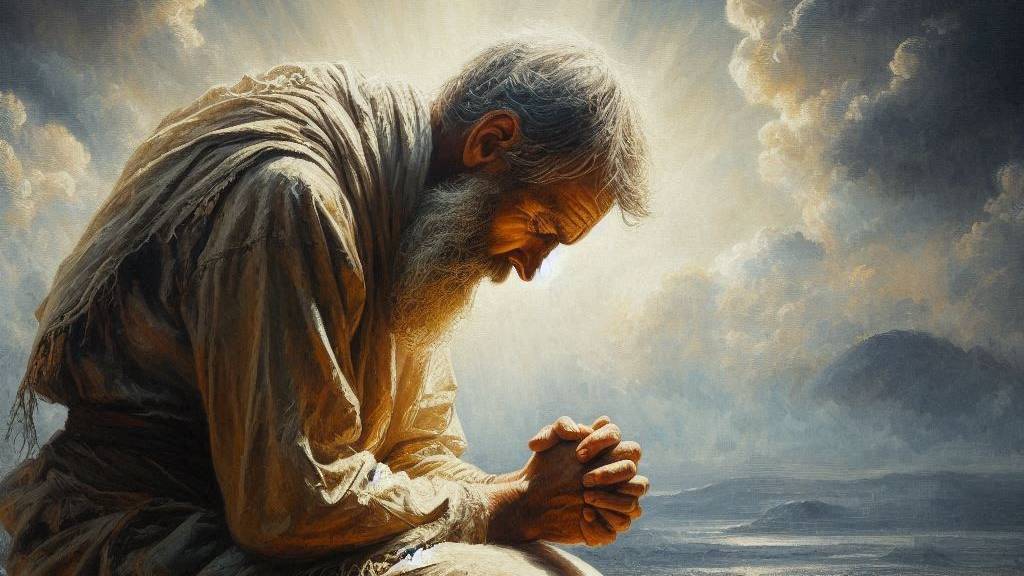 An oil painting of a person in prayer, kneeling and connecting with God.