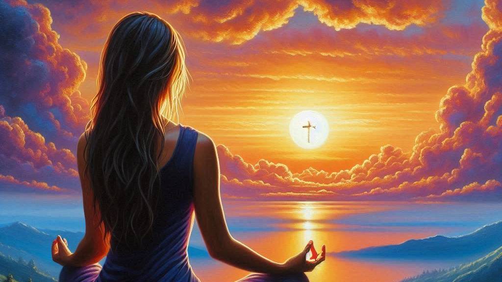 An oil painting of a person in meditation, silhouetted against a serene sunset with a cross on the horizon.
