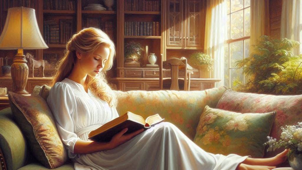 An oil painting of a woman reading the Bible on a couch, with a view of the entire living room, symbolizing a quiet moment of reflection and learning.