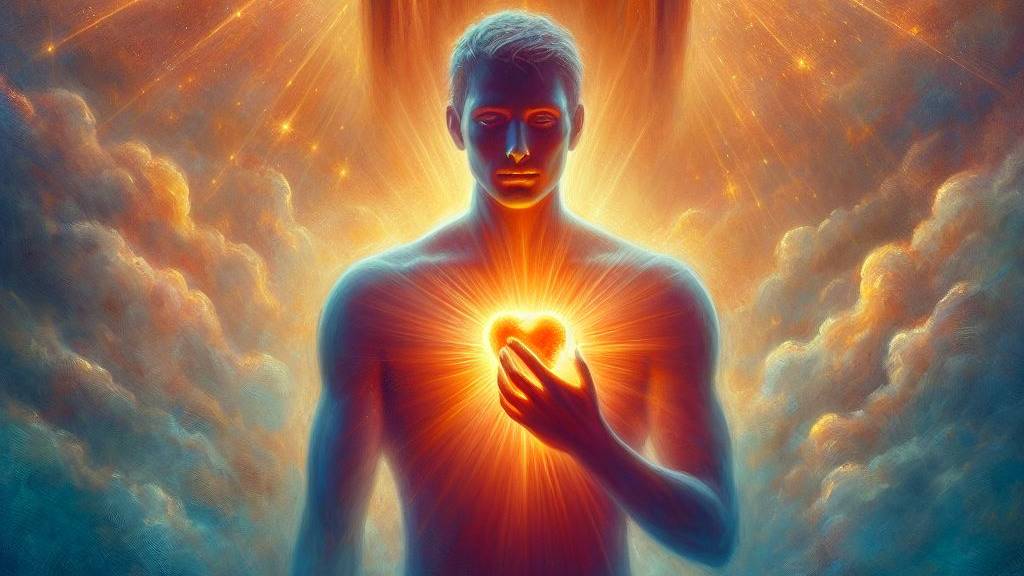 An oil painting of a man holding his chest with a glowing heart, symbolizing the heart's condition.