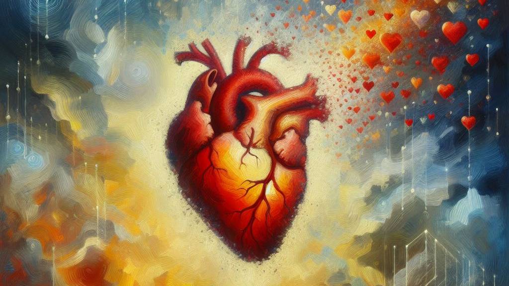 An oil painting style image representing the concept of 'Heart and Emotions' as described, with a focus on the heart as the center of emotions like joy and sadness, and the transformation of fear into peace.