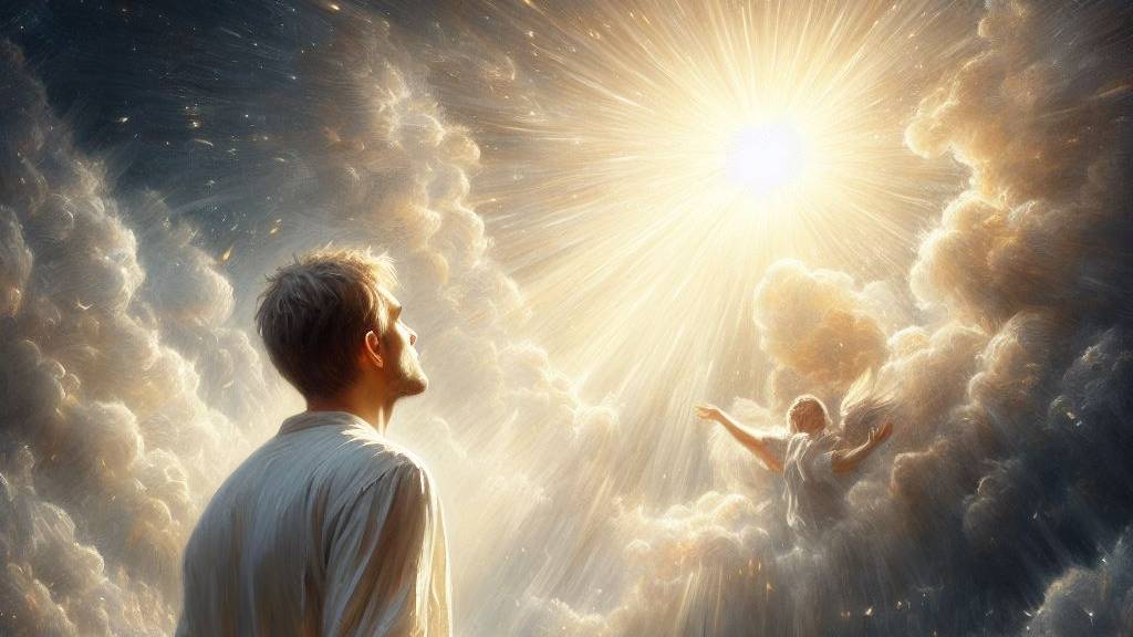 An oil painting showcasing a person in white, looking up at a bright light in the sky, embodying hope, purity, and the divine grace that guides us towards a life of discipline and virtuous thoughts, words, and deeds.