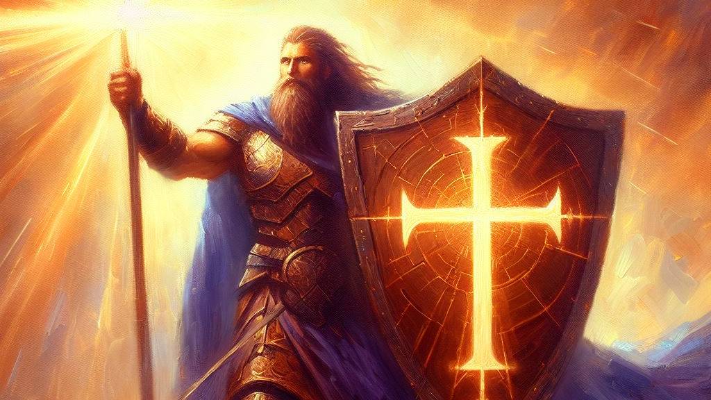 An oil painting of a warrior in spiritual battle, carrying a shield that glows with the light of faith, emblazoned with a cross.