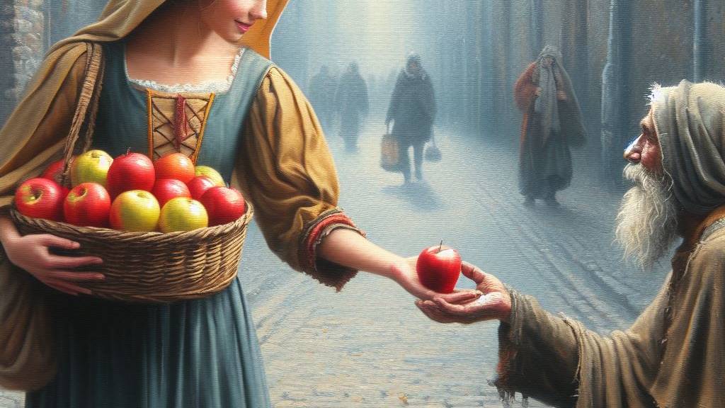 An oil painting of a compassionate woman shares an apple from her fruit basket with a beggar, embodying the biblical principles of justice and righteousness.
