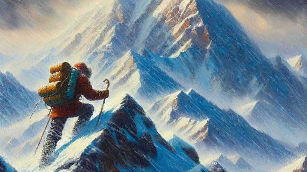 An oil painting of a determined mountaineer climbs a treacherous snowy mountain, embodying the enduring spirit of resilience and perseverance.