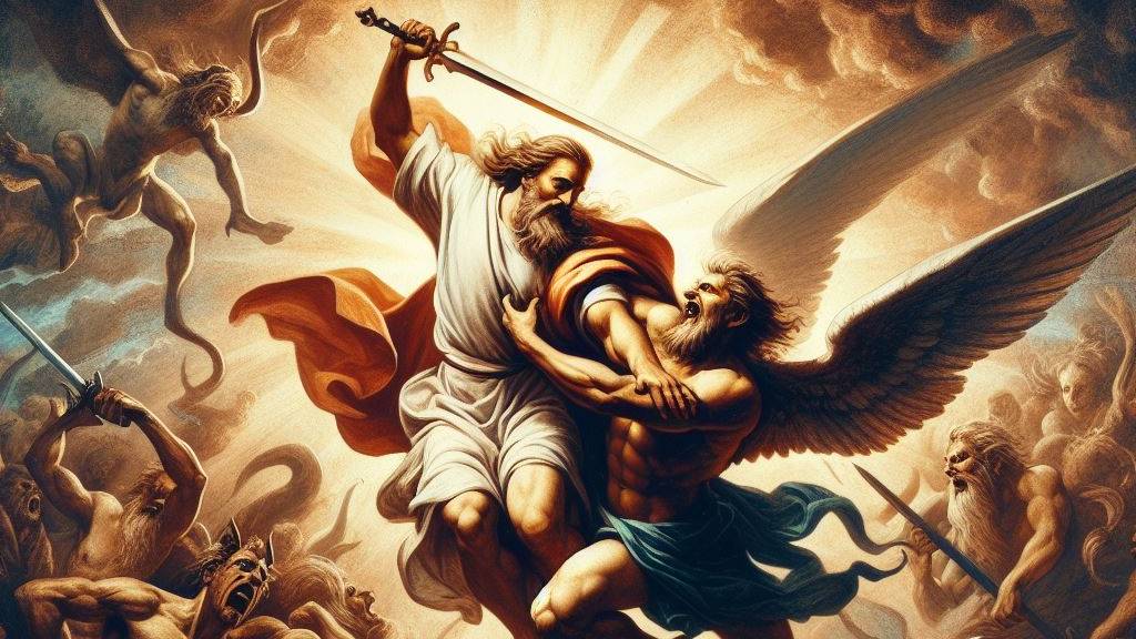 An oil painting style image of God fighting an evil creature with a sword, symbolizing victory over evil.