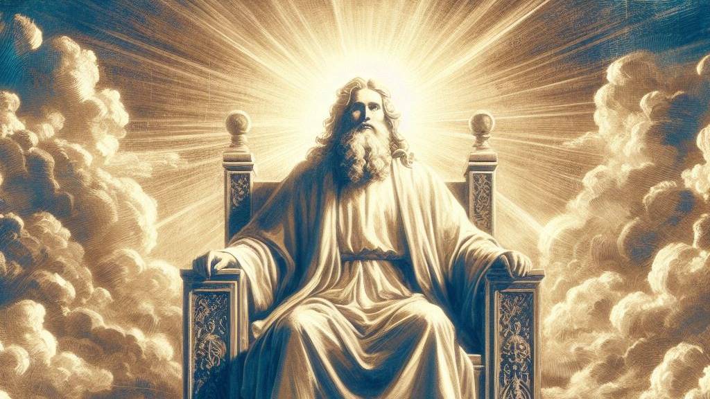 An oil painting style image of God sitting on His throne, symbolizing His eternal reign and everlasting power.
