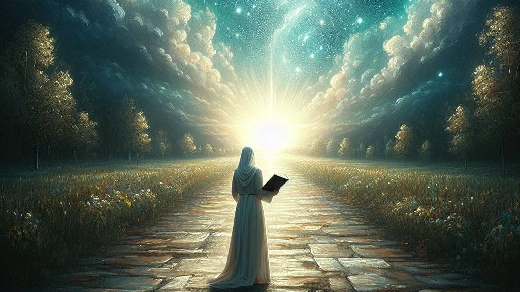 An oil painting style image of someone holding a Bible in a dark path, looking towards a light at the end of the horizon under a starry night sky, symbolizing faith and God's promise.
