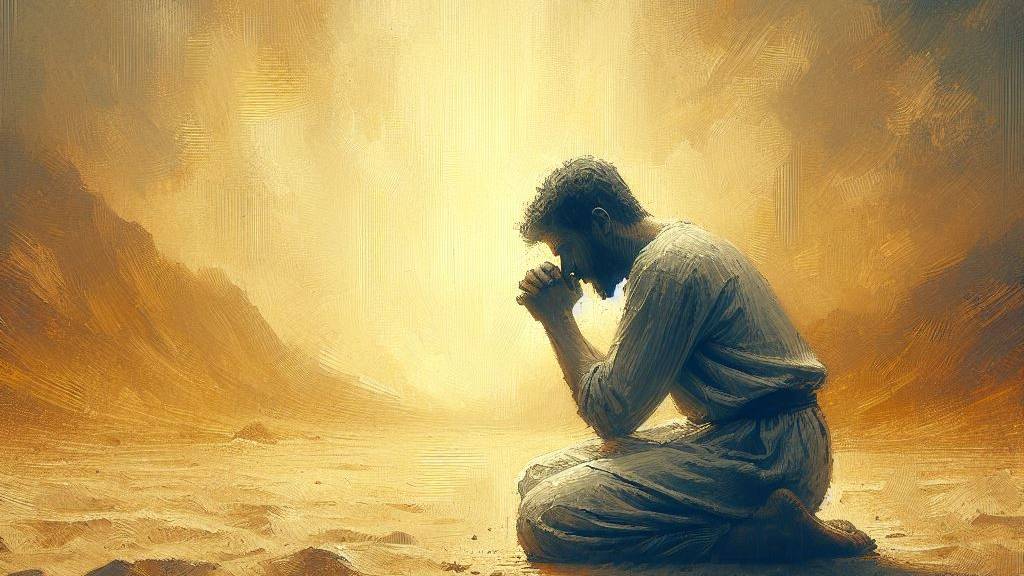 An oil painting style image of someone kneeling and praying to God, asking for forgiveness, symbolizing repentance and restoration.
