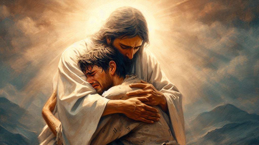 An oil painting of a man tearfully embraced by God, representing divine mercy and forgiveness.
