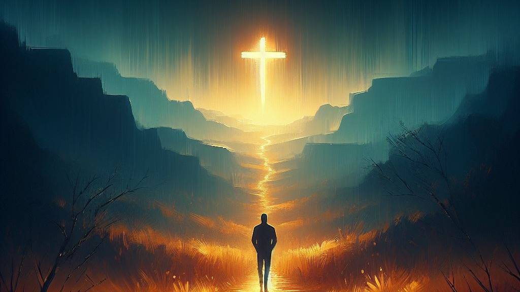 An oil painting of a lone traveler on a dark path, guided by the light of a glowing cross in the distance.