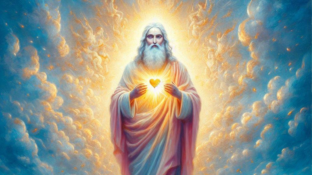 An oil painting of God with a glowing heart, symbolizing His divine love for humanity.