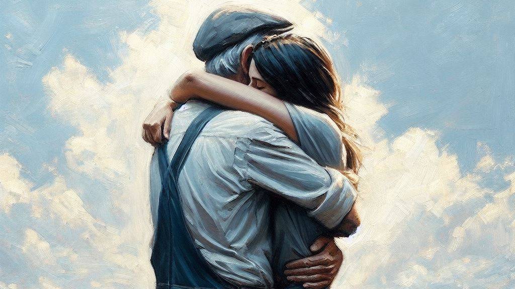 An oil painting of two people hugging each other, showcasing reconciliation and sincerity, and loving without conditions.