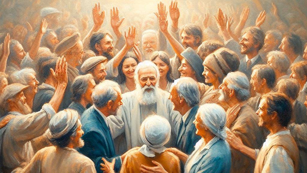 An oil painting of a group of people greeting each other, embodying the commandment to love others deeply.