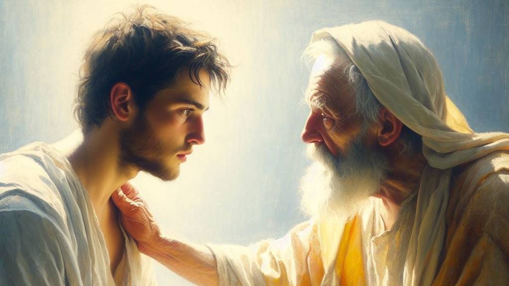 An oil painting of a young man and his old father reconciling with each other, inspired by the Prodigal Son’s story.