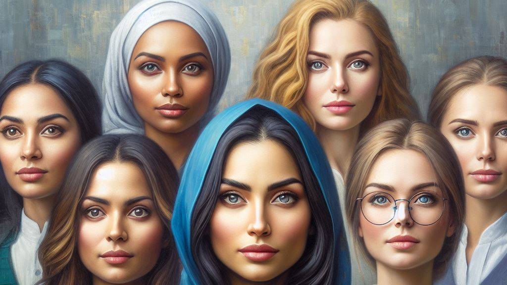 An oil painting depicting women of diverse professions and ethnicities, united in strength and grace, their eyes reflecting dignity and worth.