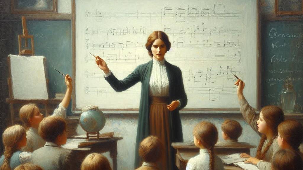 An oil painting of a woman teacher teaching her students in a classroom, symbolizing the profound wisdom and influence of women as sources of guidance.