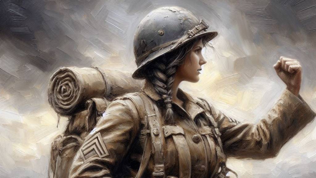 An oil painting of a woman soldier standing with bravery and determination, embodying the strength and courage celebrated in the Bible.