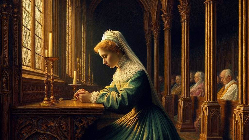 An oil painting of Elizabeth solemnly praying in a prayer room, embodying virtue and spiritual depth.