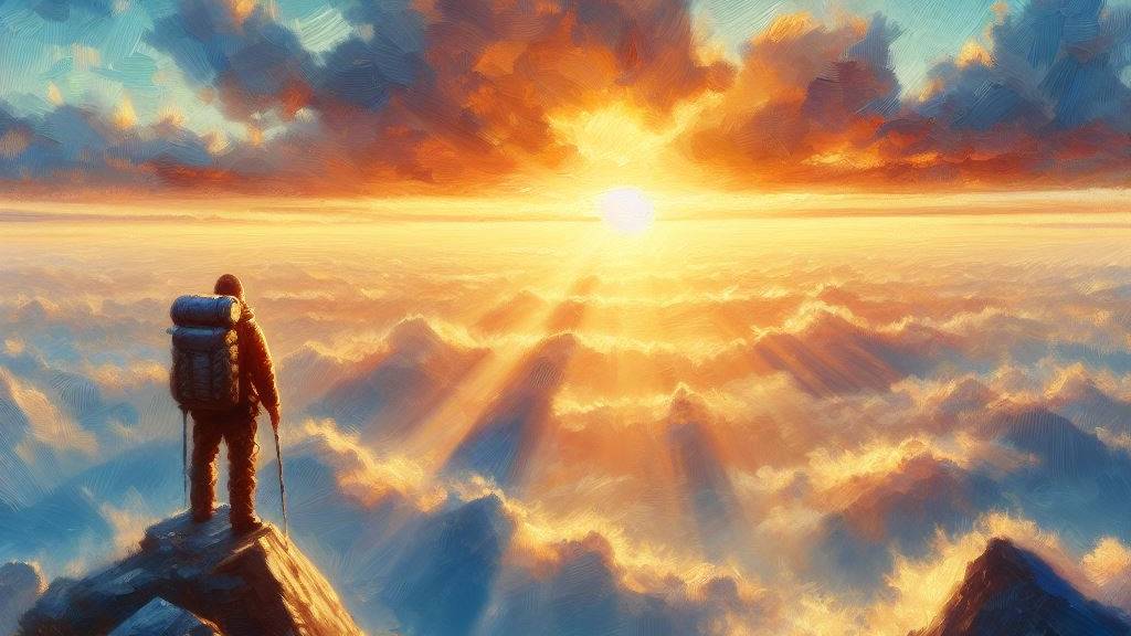 An oil painting of a mountaineer at the top of the mountain looking at a beautiful sunrise, full of hope, symbolizing the courage to rise.