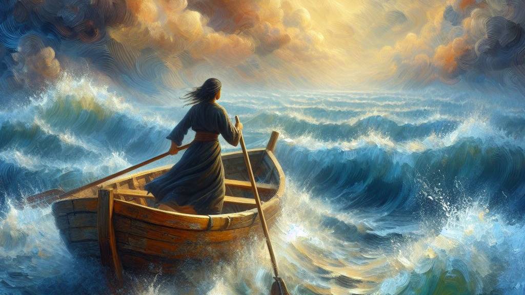 An oil painting of a person riding a boat on stormy seas, symbolizing overcoming adversity.