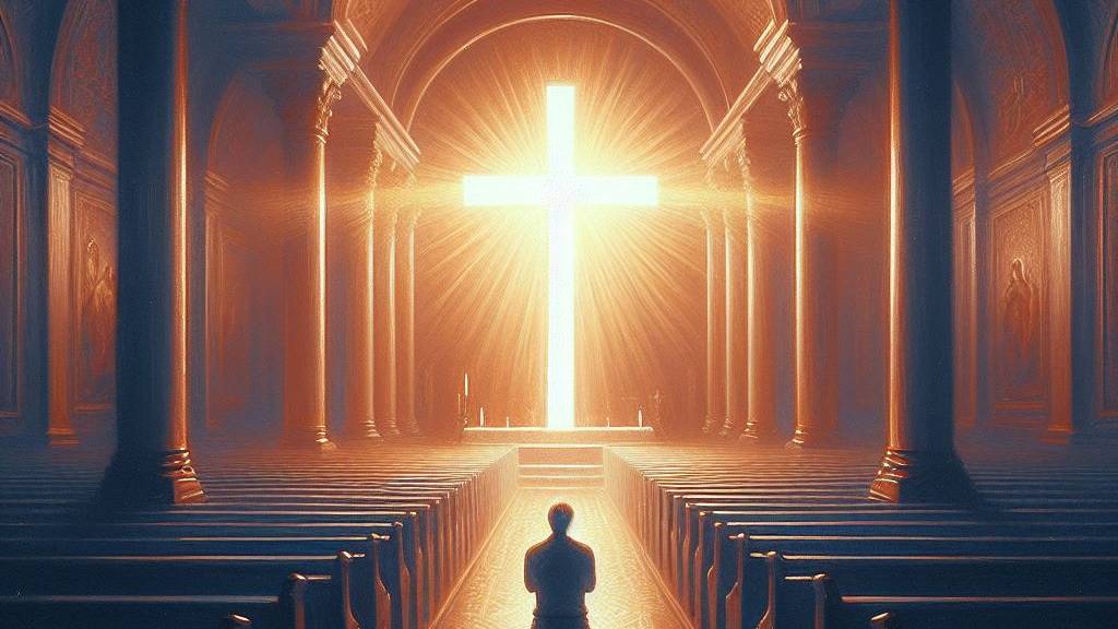 An oil painting of a person solemnly praying in front of a glowing cross, symbolizing rising to a new life in Christ.