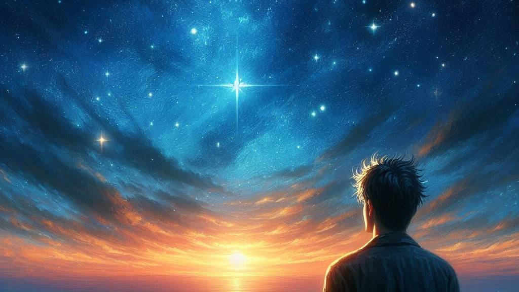 An oil painting of someone looking up at a beautiful starry night with one star near the horizon shining brightest among the rest, signifying hope and redemption.
