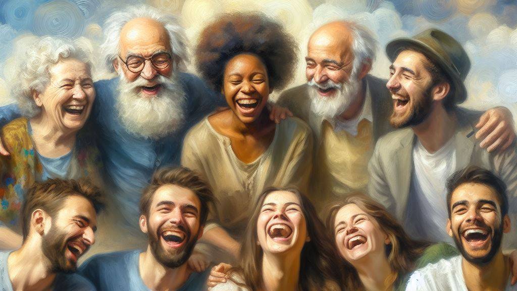 An oil painting of a diverse group of friends laughing together, embodying wisdom in choosing companions.
