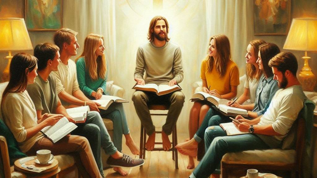 An oil painting of a group of friends doing a Bible study together in a cozy living room, symbolizing the influence of good company.