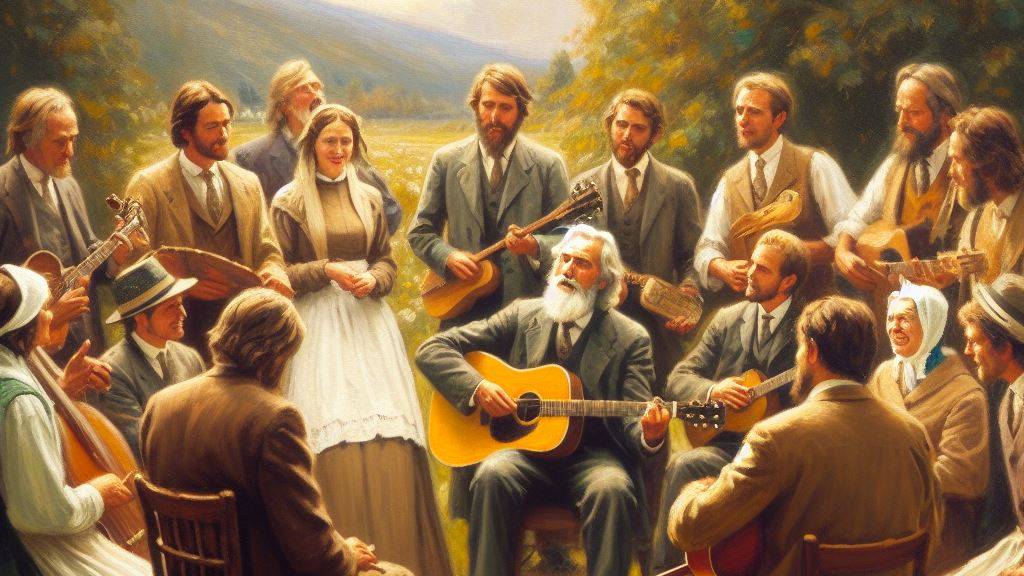 An oil painting of a group of Christian people in fellowship, playing musical instruments and singing together, embodying the encouragement for fellowship.