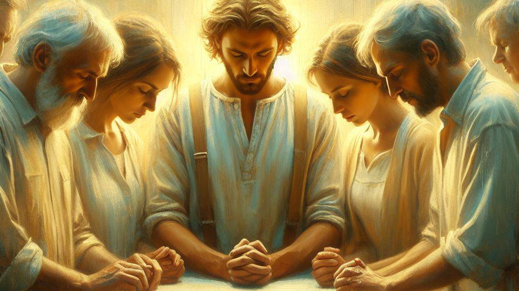 An oil painting of a group of friends solemnly praying together, symbolizing spiritual growth through relationships.