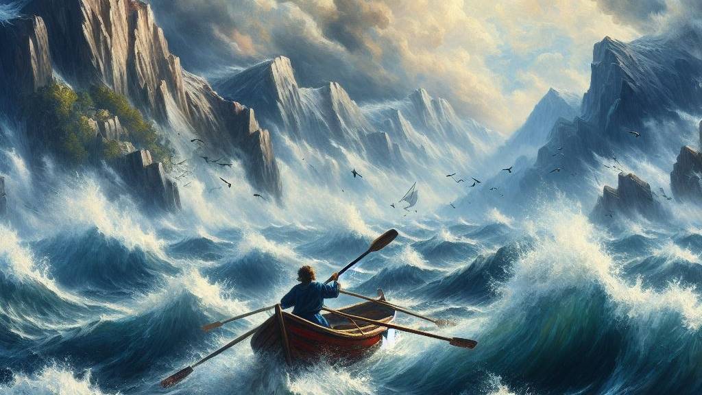 An oil painting of a person courageously navigating stormy seas in a small boat, symbolizing resilience in trials.
