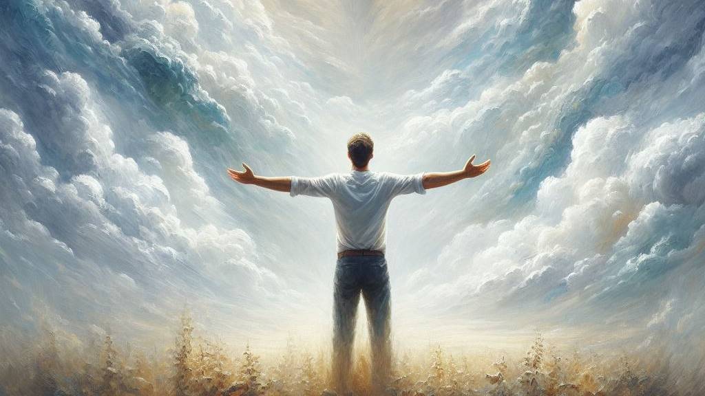 An oil painting of a man looking up at God with open arms, symbolizing trust, peace, and courage.