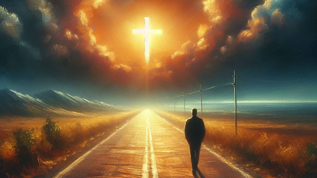 An oil painting of a lone traveler walking on an empty road towards a glowing cross on the horizon, symbolizing divine guidance.