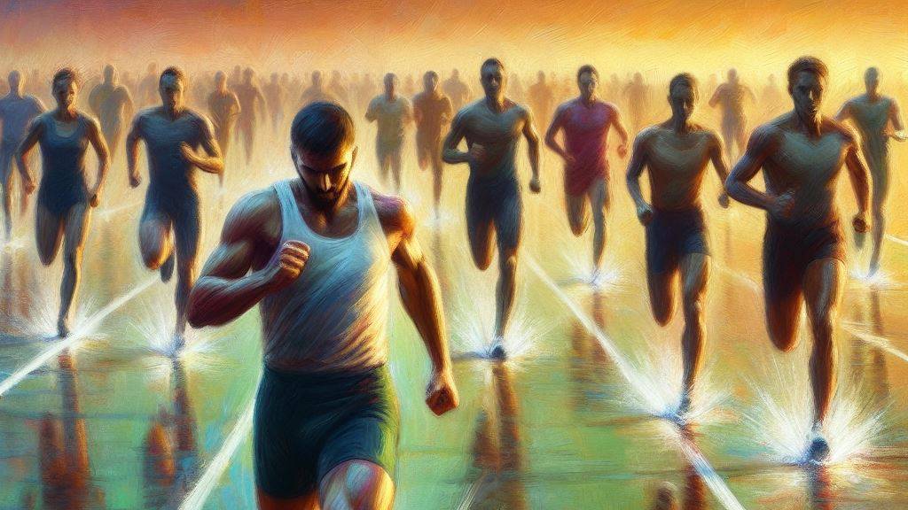An oil painting of someone full of determination running a race, in the lead with others behind, symbolizing endurance and perseverance.