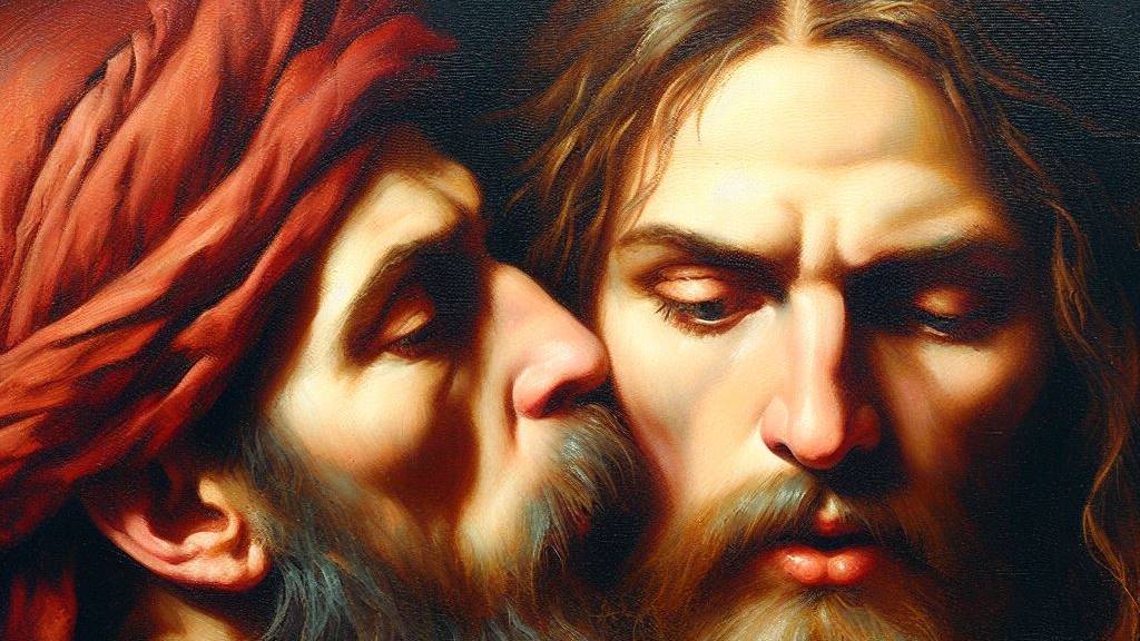 An oil painting of Judas betraying Jesus with a kiss, symbolizing betrayal and deception.
